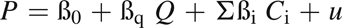 $$ P={\beta }_0+{\beta }_{{q}\enspace }Q+\Sigma {\beta }_i{C}_i+u $$