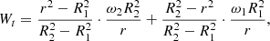 $$ W_{t} = \frac{{r^{2} - R_{1}^{2} }}{{R_{2}^{2} - R_{1}^{2} }} \cdot \frac{{\omega _{2} R_{2}^{2} }}{r} + \frac{{R_{2}^{2} - r^{2} }}{{R_{2}^{2} - R_{1}^{2} }} \cdot \frac{{\omega _{1} R_{1}^{2} }}{r}, $$