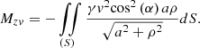 $$ {M_{zv}} = - \iint\limits_{\left( S \right)} {\frac{{\gamma {v^2}{{\cos }^2}\left( \alpha \right)a\rho }}{{\sqrt {{a^2} + {\rho ^2}} }}}dS. $$