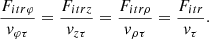 $$ \frac{{{F_{itr\varphi }}}}{{{v_{\varphi \tau }}}} = \frac{{{F_{itrz}}}}{{{v_{z\tau }}}} = \frac{{{F_{itr\rho }}}}{{{v_{\rho \tau }}}} = \frac{{{F_{itr}}}}{{{v_\tau }}}. $$