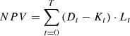 $$ NPV = \sum\limits_{{t = 0}}^{T} {\left( {D_{t} - K_{t} } \right) \cdot L_{t} } $$