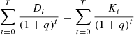 $$ \sum\limits_{{t = 0}}^{T} {\frac{{D_{t} }}{{\left( {1 + q} \right)^{t} }} = \sum\limits_{{t = 0}}^{T} {\frac{{K_{t} }}{{\left( {1 + q} \right)^{t} }}} } $$