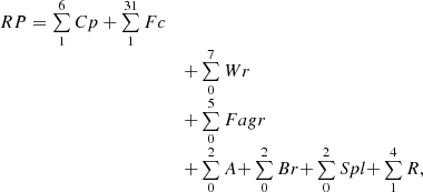 $$ \begin{array}{ll} {RP = \sum\limits_{1}^{6} {Cp + \sum\limits_{1}^{{31}} {Fc} } } &\\ & { + \sum\limits_{0}^{7} {Wr} } \\ & { + \sum\limits_{0}^{5} {Fagr} } \\ & { + \sum\limits_{0}^{2} {A + } \sum\limits_{0}^{2} {Br + } \sum\limits_{0}^{2} {Spl + } \sum\limits_{1}^{4} {R,} } \end{array} $$