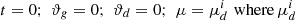 $$t = 0;\,\,{\vartheta _g} = 0;\,\,{\vartheta _d} = 0;\,\,\mu = \mu _d^i\,\,{\rm{where}}\,\mu _d^i$$
