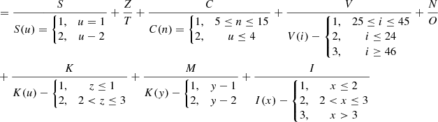 $$\eqalign{ & = {S \over {S(u) = \left\{ {\matrix{ {1,} & {u = 1} \cr {2,} & {u - 2} \cr } } \right.}} + {Z \over T} + {C \over {C(n) = \left\{ {\matrix{ {1,} & {5 \le n \le 15} \cr {2,} & {u \le 4} \cr } } \right.}} + {V \over {V(i) - \left\{ {\matrix{ {1,} & {25 \le i \le 45} \cr {2,} & {i \le 24} \cr {3,} & {i \ge 46} \cr } } \right.}} + {N \over O} \cr & + {K \over {K(u) - \left\{ {\matrix{ {1,} & {z \le 1} \cr {2,} & {2 < z \le 3} \cr } } \right.}} + {M \over {K(y) - \left\{ {\matrix{ {1,} & {y - 1} \cr {2,} & {y - 2} \cr } } \right.}} + {I \over {I(x) - \left\{ {\matrix{ {1,} & {x \le 2} \cr {2,} & {2 < x \le 3} \cr {3,} & {x > 3} \cr } } \right.}} \cr} $$
